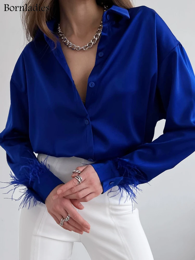 Bornladies Feather Cuffs Elegant Women Feather Shirts Rose Pink Oversized Blouses And Tops Splicing Spring Satin Office Ladies