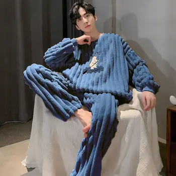 남성용 만화 잠옷, 플리스 겨울 잠옷, 한국 잠옷, 잠옷, 바지 세트 2 개, 따뜻한 O-넥 홈 세트 2024