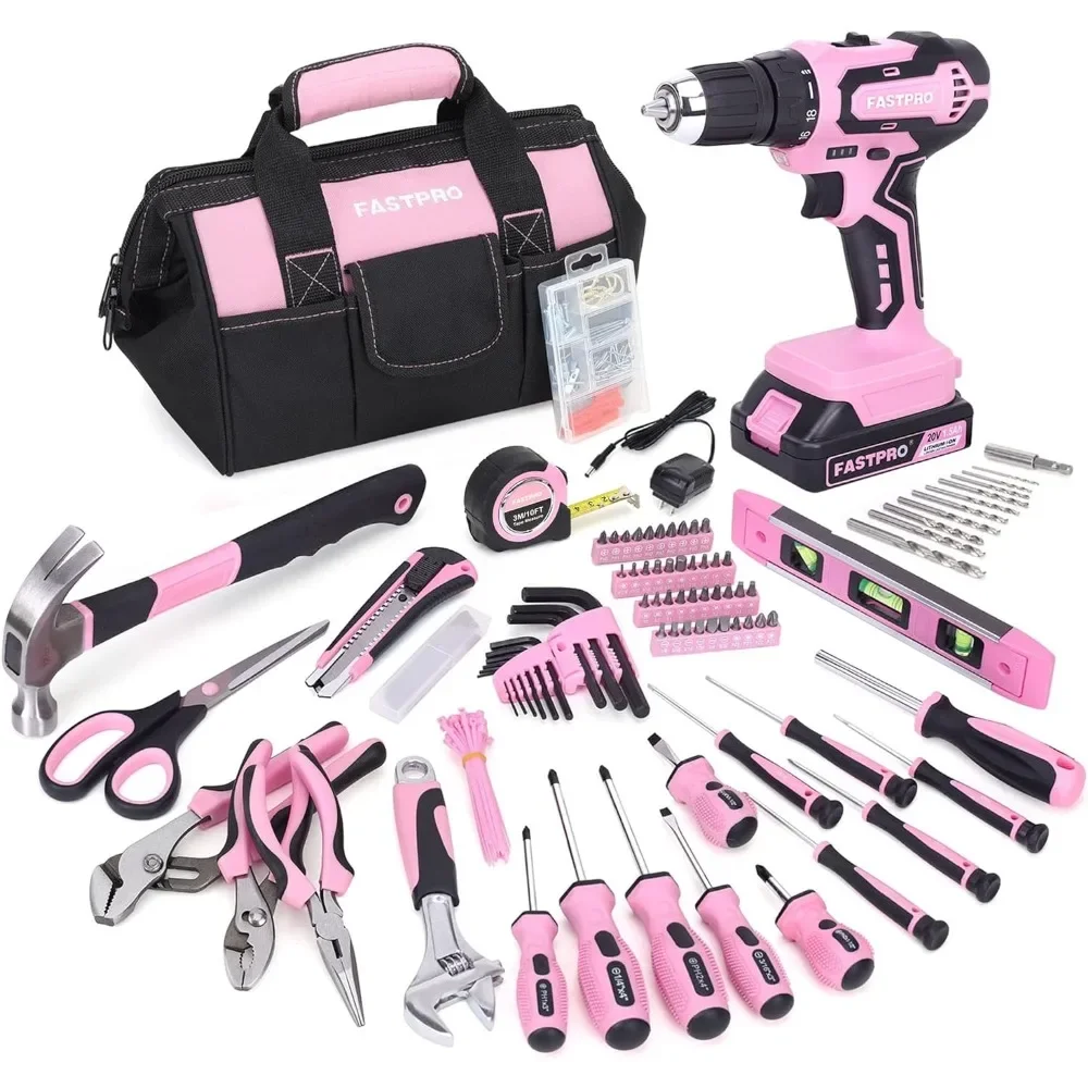 

FASTPRO 232-Piece 20V Pink Cordless Lithium-ion Drill Driver and Home Tool Set, Lady's Repairing Kit with 12-Inch Wide Mouth Ope