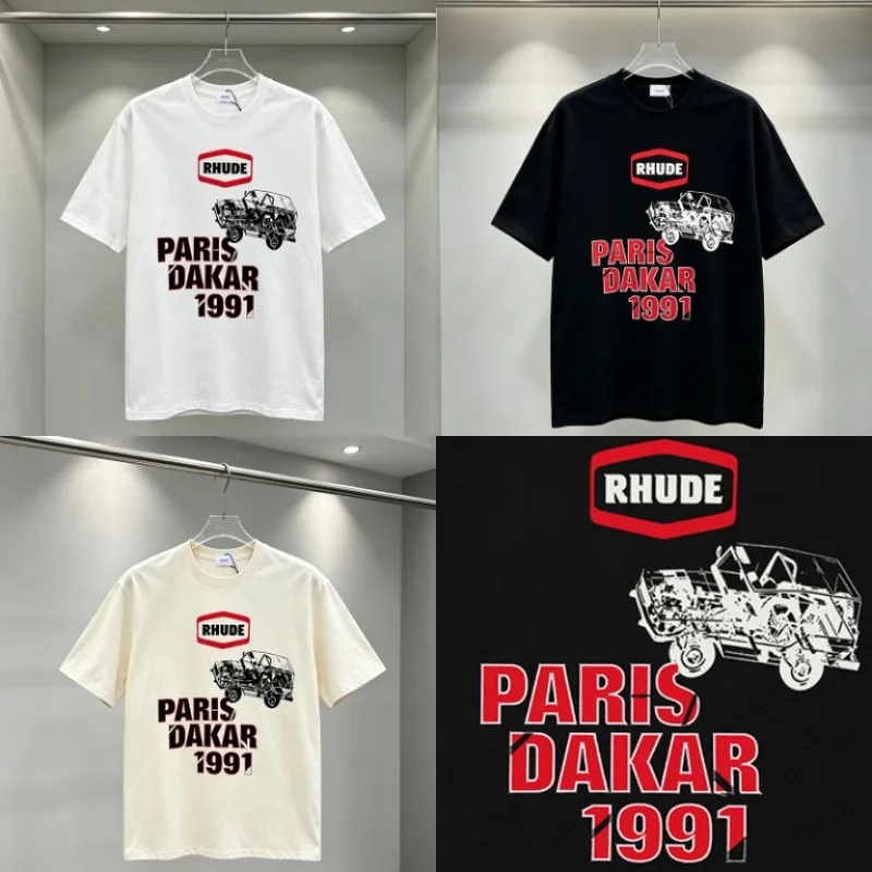 New RHUDE Mens Basic Crew Neck Tee Vintage Offroad Car Print Letter Graphic Short Sleeve Shirt
