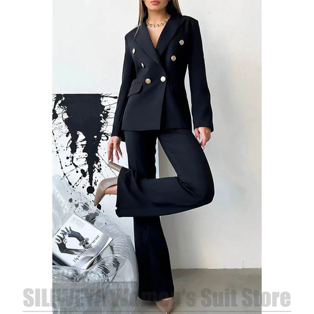 Women's Navy Blue Suit Double Breasted Blazer and Split Wide Leg Pants Set Two Piece Fashion Office Party Daily Casual Suits