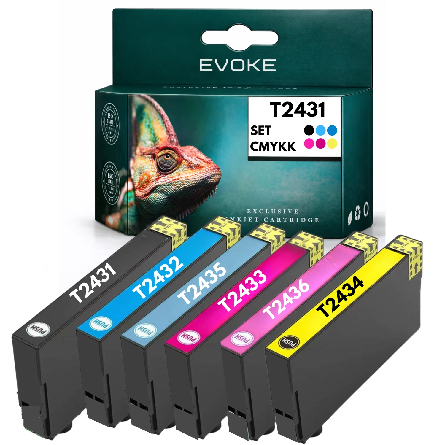 Evoke Compatibele Inkt voor Epson T2431 T2432 T2433 T2434 T2435 T2436 24XL 6X: Zwart, Cyaan, Magenta, Geel, Lichtcyaan, Lichtmagenta 91 ml Expression Photo Xp-750 760 850 851 860 950 960 970