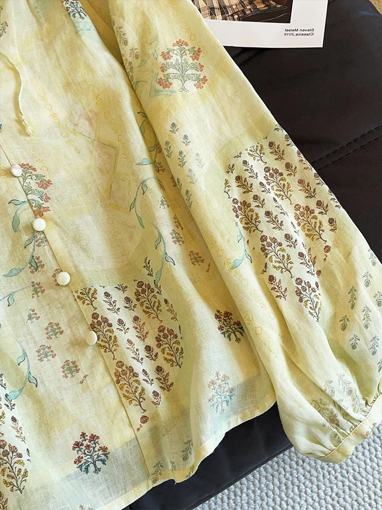 Csa de Manga Larga Deada con Estampado Artístico Retro para Mujer, Estilo Casual Hoado, Cuello en V, Abotonada, Moda O...