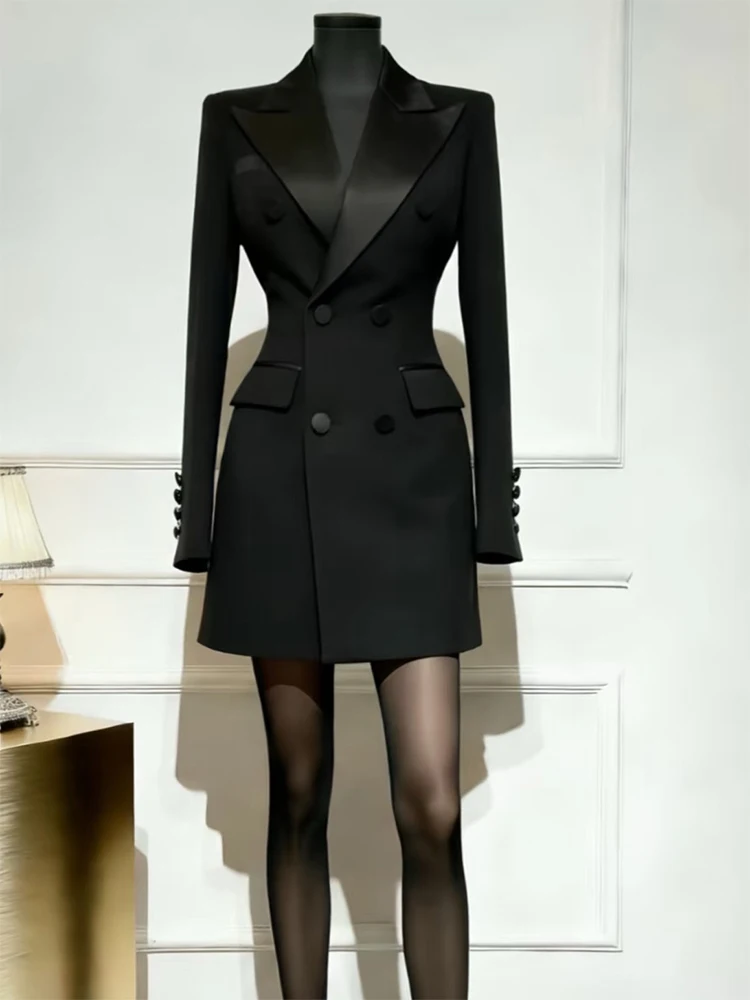 Elegant Black Double-Breasted Suit Jacket Women's Slim Fit Autumn Winter New Style High Quality Fashionable Slimming Top
