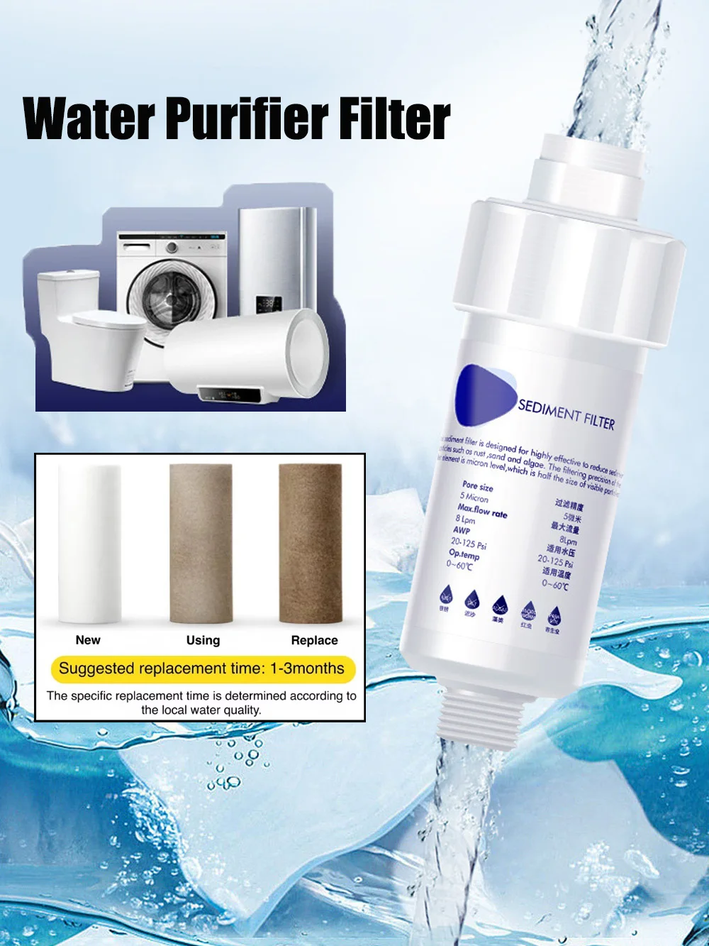 Water Pre-Filter for Washing Machine Water Heater PP Cotton Filter Cartridge Portable Purifier Removal Heavy Metal Shower Filter