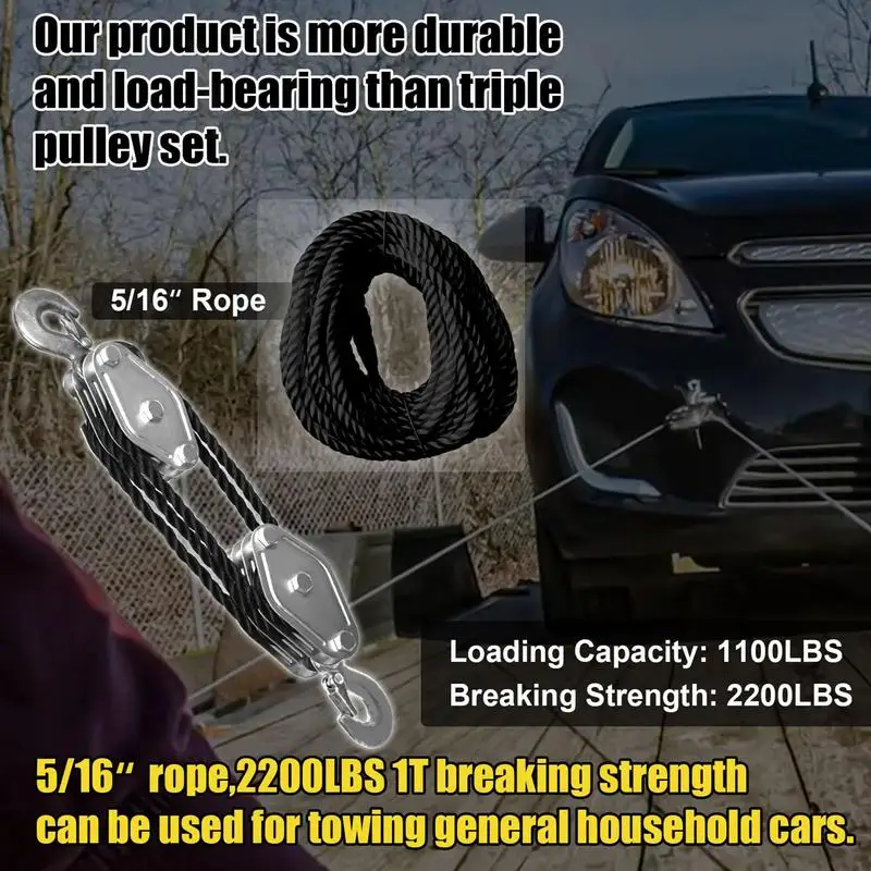 

Block And Tackle 5:1 Lifting Power 3/8 Rope Hoist Pulley Multifunctional Heavy Duty Pulley System With 2200 Lbs Breaking