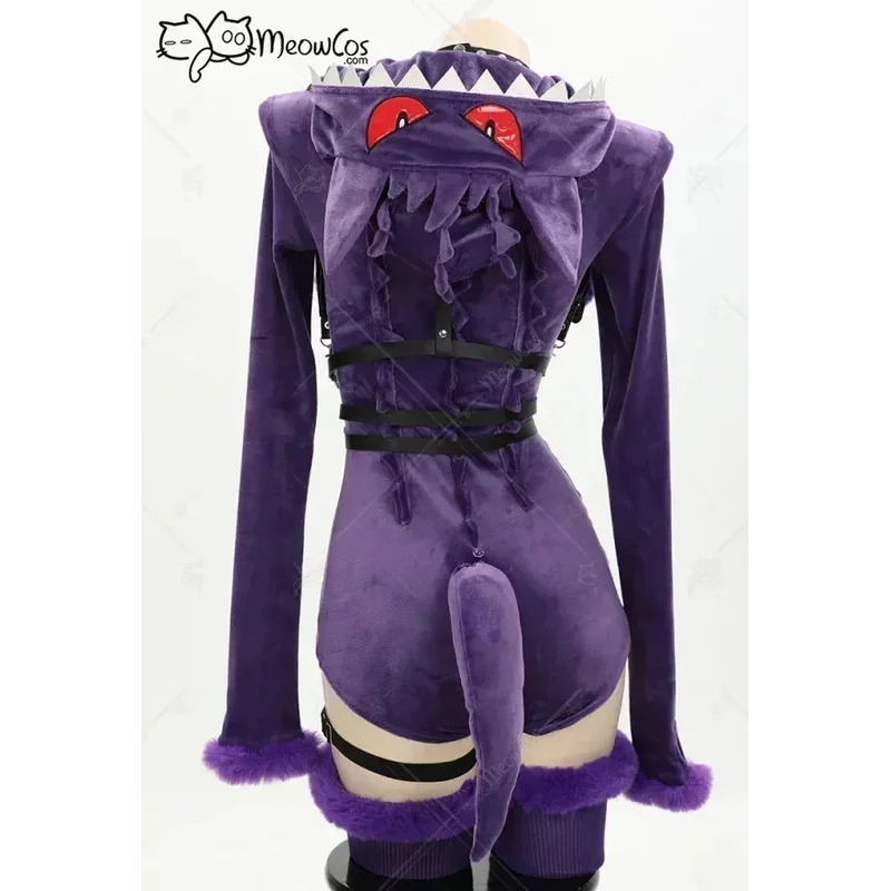 

KK562025 Women Genga Cosplay Costume Halloween Purple Ghost Romper Bodysuit Plush Hooded Socks with Belt and Tail.OJ6/
