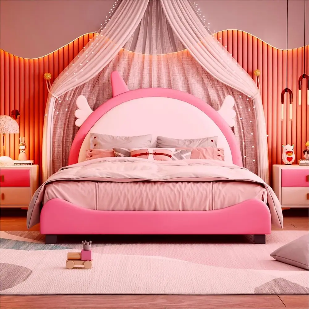 

Милая кровать полноразмерная с мягким изголовьем и изножьем, кровать-платформа из искусственной кожи для детской комнаты