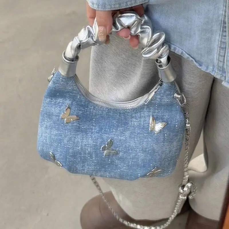 Y2k Sweet Butterfly Patchwork Top-Handle Bags Women Fairy Chain Shoulder Crossbody Bag Kawaii Cute Pleated Purses And Handbags