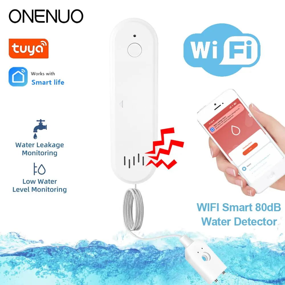 Onenuo Tuya Wifi Slimme Waterleksensor Wateroverloopniveaudetector 80db Geluid Overstroming Lekkage Sensor App Alarm Op Site
