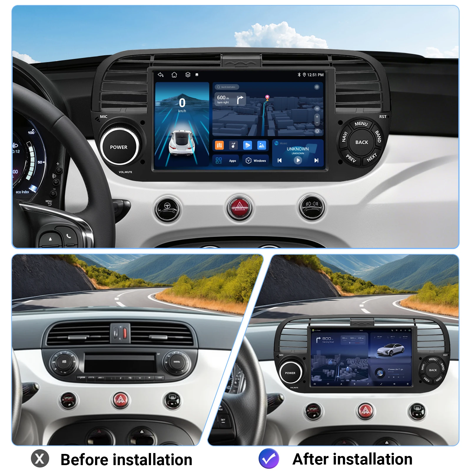 7 "4 + 64 جيجابايت لـ 2010-2015 فيات 500 HD شاشة تعمل باللمس بالسعة أندرويد 14 راديو ستيريو للسيارة نظام تحديد المواقع نافي اللاسلكية CarPlay بلوتوث RDS #3