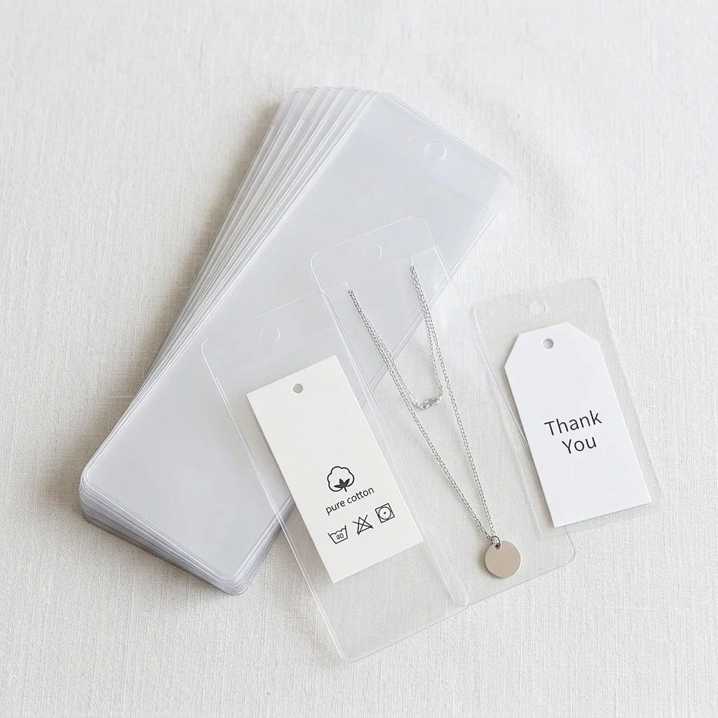 50Pcs Transparent Plastic Tag Bags Blank Bookmark Sleeves for Retail Library Management