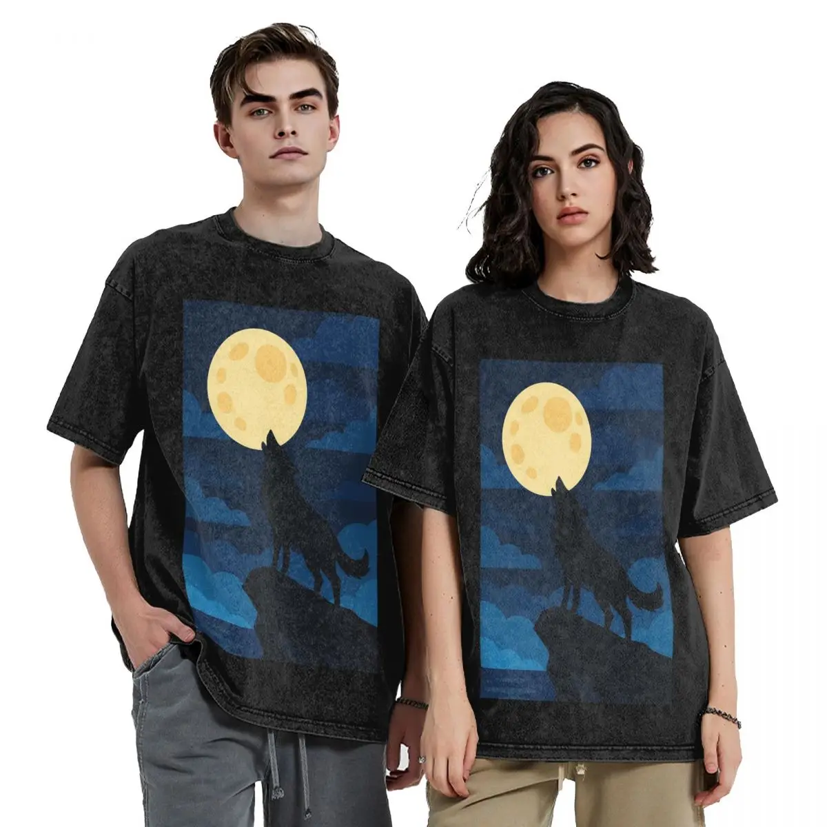 

Футболки с короткими рукавами Howling Wolf Beneath Full Moon Flat Vector Art в стиле хип-хоп, потертые топы, футболки, винтажная футболка для мужчин и женщин