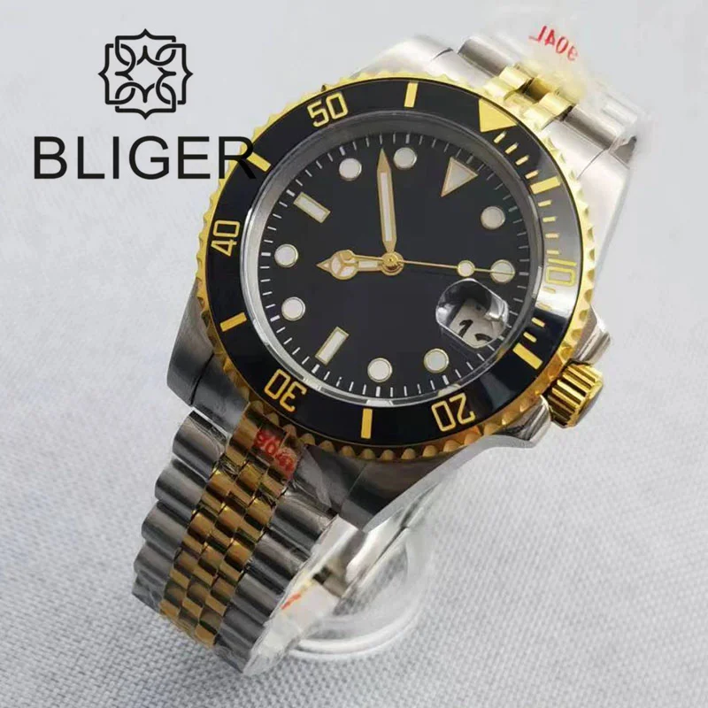 

BLIGER 40mm NH35 MIYOTA 8215 PT5000 Automatic Watch For Men Two Tone Gold Steel Strap Sterile Black Dial Sapphire Crystal