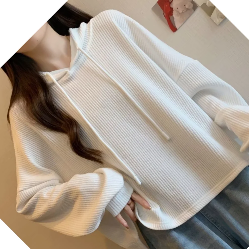 Plus-size Women's Autumn And Winter New Pure Color Loose Slimming Versatile Textured Ribbed Hooded Long-sleeve T-shirt