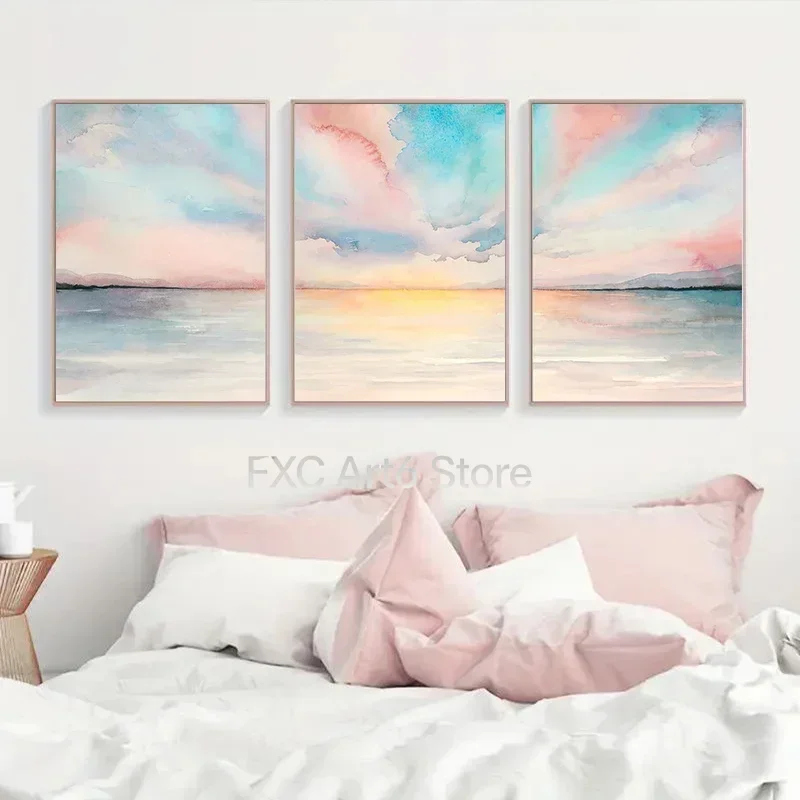 3PCS frameless Multiple sizes   Canvas Painting /Set Abstract Color Sunset Landscape Canvas Poster Picture Wall Art Print, Moder