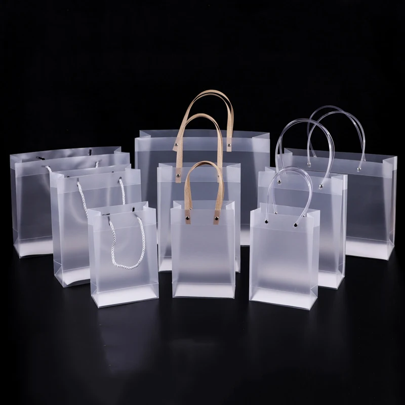 

10PCS PVC Transparent Gift Bag with Handles Clear Tote PP Frosted Plastic Shopping Tote Bag Clothing Drinks Packaging Custom Bag