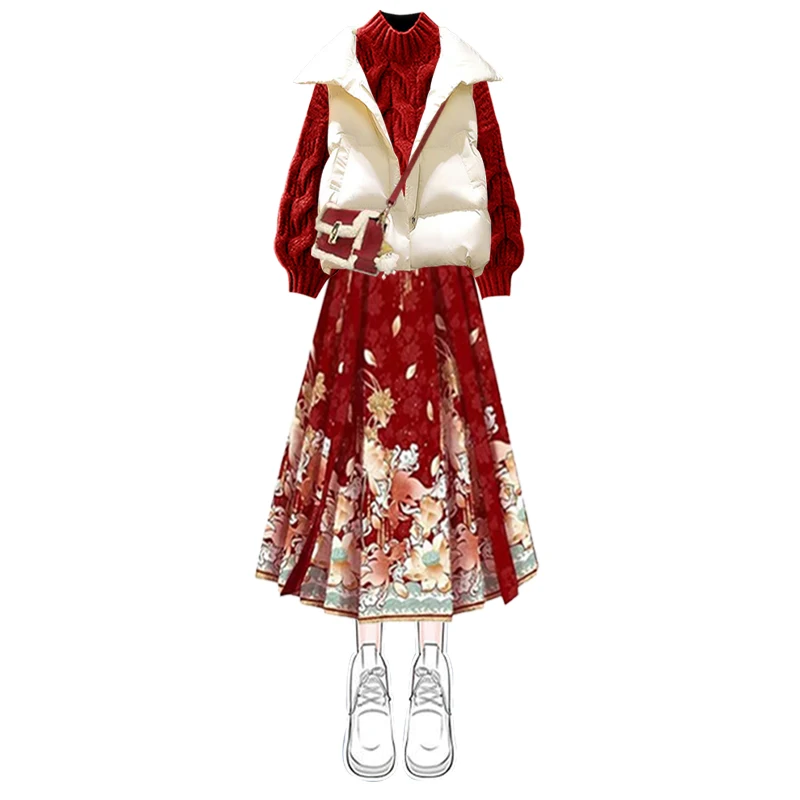 신상 중국 스타일 레드 니트 스웨터와 면 조끼 티셔츠 세트, 여성용 하이웨이스트 A라인 스커트, 2025년 겨울용