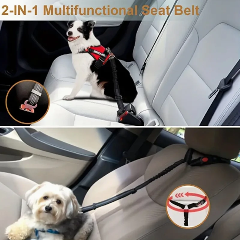 2 Piece Dog Car Seat Belt Set - Retractable Adjustable Pet Seatbelts for Vehicle Headrests - Heavy Duty, Elastic & Durable Car H