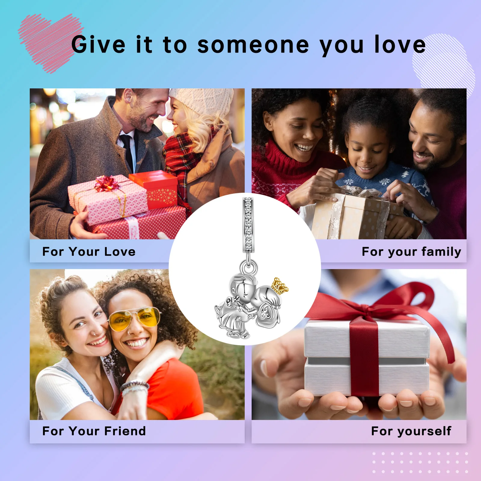 925 Sterling Silver Princess Couple kiss Crown Pendant Charm Fit Original Pandora Charms Bracelets Women DIY Jewelry Gift