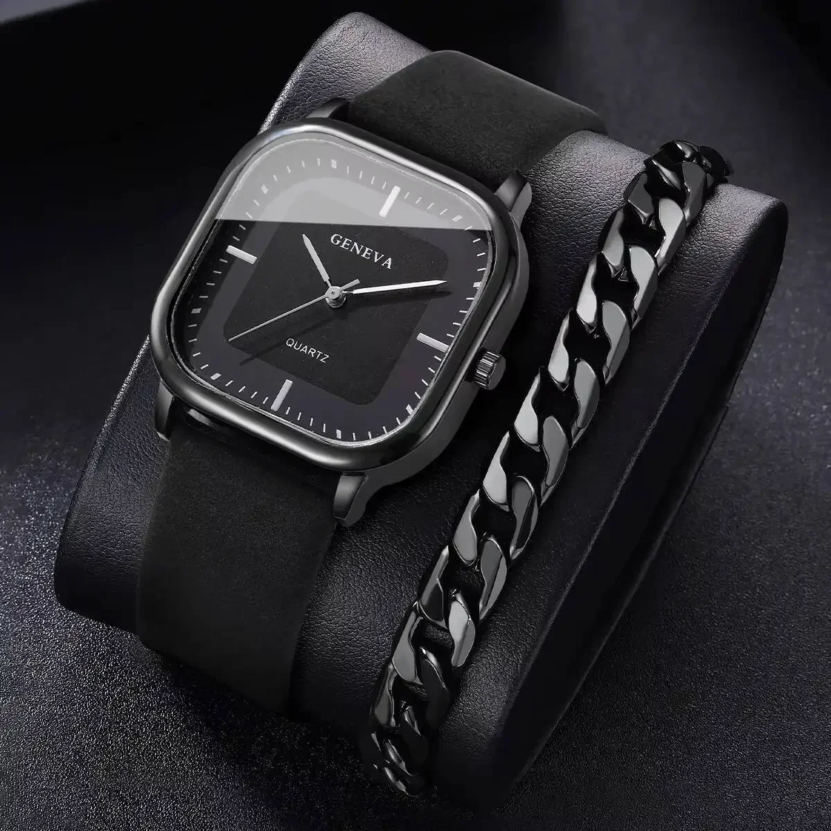 Men ewelry Set Geneva Square Black Dial Quartz Watch PU Leather Strap Two-tone Cuban Bracelet