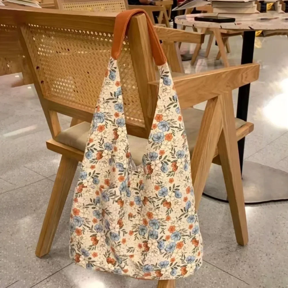 Retro Flower Bucket Bag Large Capacity Mummy Bag Cute Lunch Canvas Handbag Korean Style Women Shoulder Bag Tote