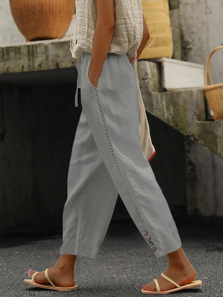 Women Casual Loose Wide Leg Trousers Solid Elastic Waist Drawstring Hollow Out Lace Splicing Pockets Buttons Summer Autumn