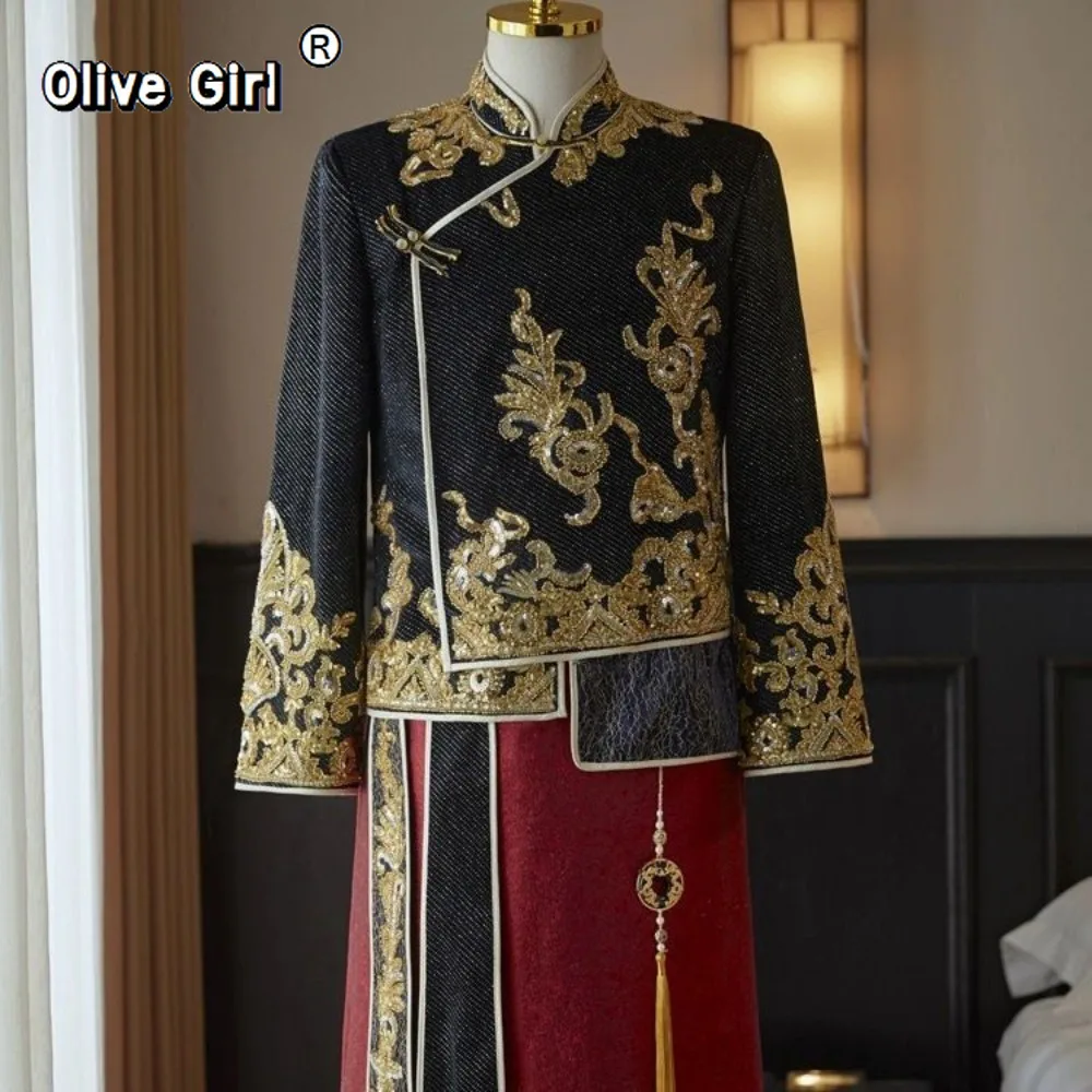 Olivegirl Men's Groom Set Performance 2026 Wedding Clothes Chinese Toast Dragon Phoenix Tang Suit Men's Coat Gold Glitter Set