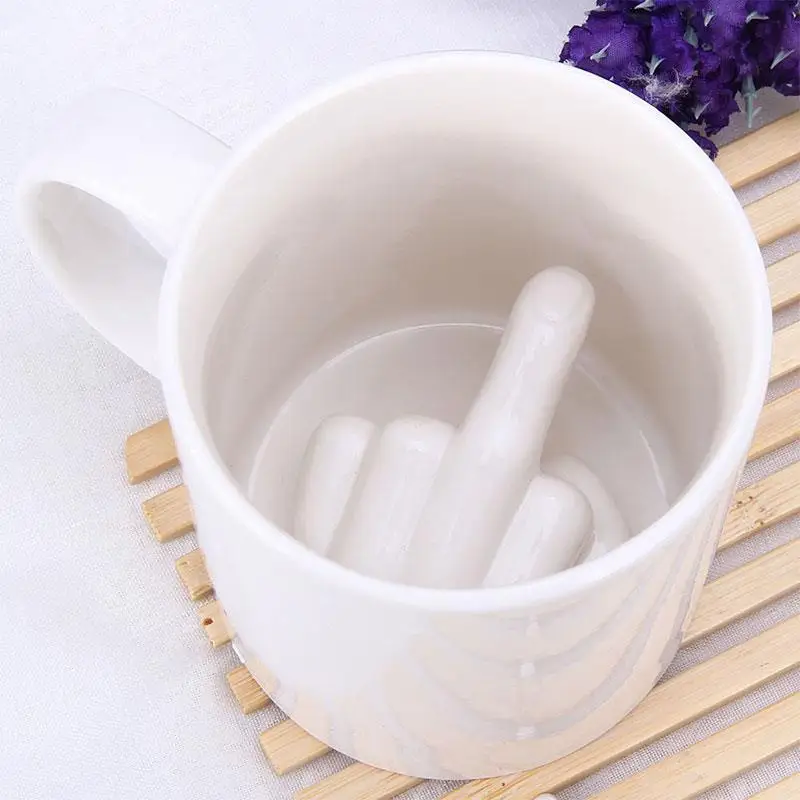 Hot Arrival Design White Middle Finger Style Novelty Mixing Coffee Milk Cup Funny Ceramic Mug Enough Capacity Water