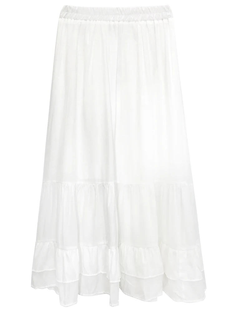 Biała szyfonowa spódnica damska średniej długości na lato 2025, mała, z falbankami, z wysokim stanem, w kształcie litery A, rybka, spódnica tortowa dla kobiet.