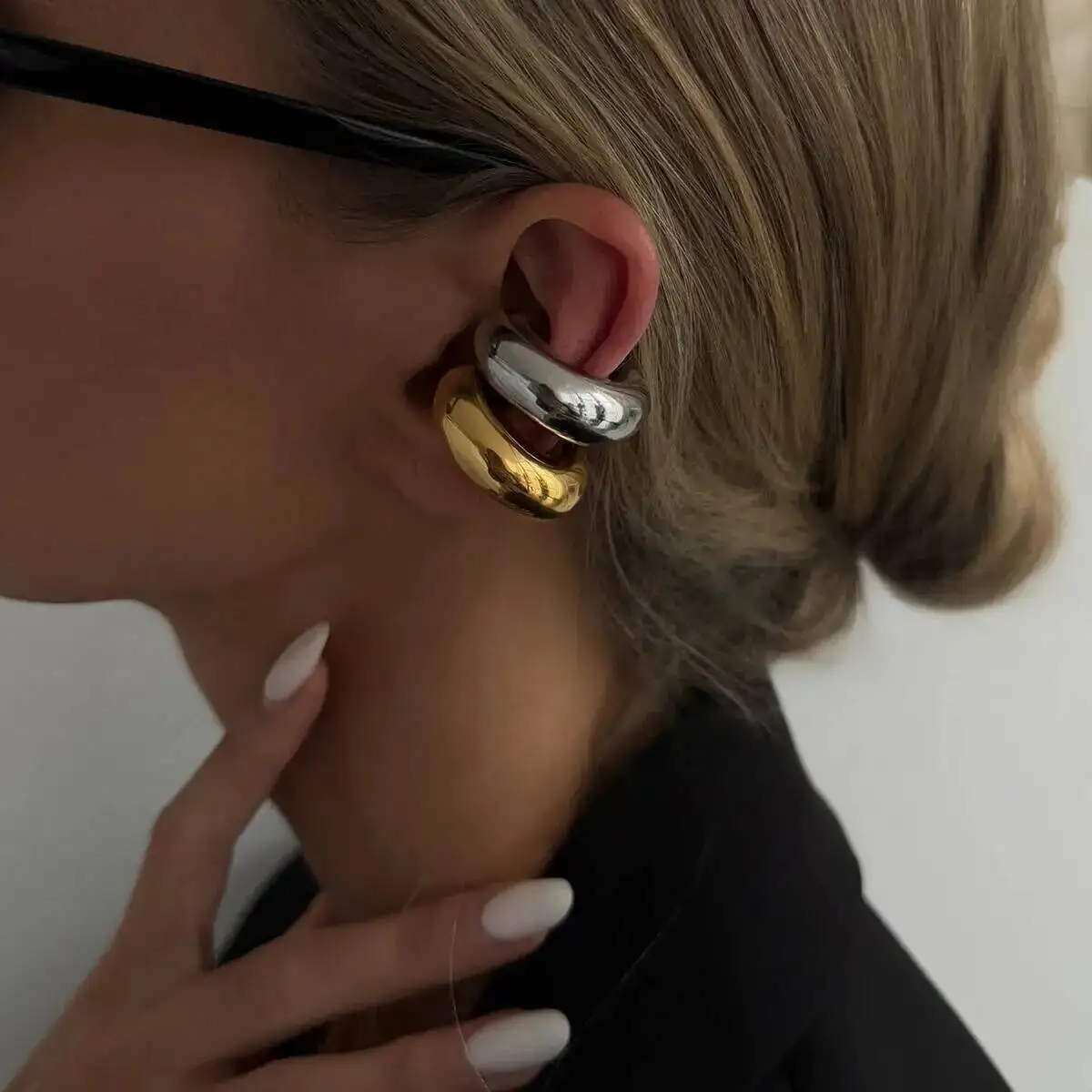 KunJoe Punk Vintage Chunky Geometric C Shape Ear Cuff Stainless Steel Metal Texture Thick Non Piercing Ear Clip Women Jewelry