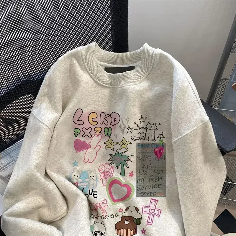 American Letter Kawaii Print Vintage O Neck Loose Hoodies Fleece Women Long Sleeve Gray Sweatshirts Harajuku Y2k Sudaderas