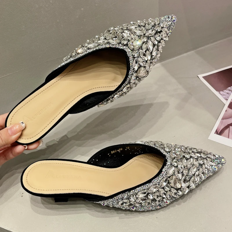 Luxury Rhinestone Sandals Women Slingback Slippers Female Fashions Low Heel Flip-flops Shiny Pointed Pumps Women Mule Slippers