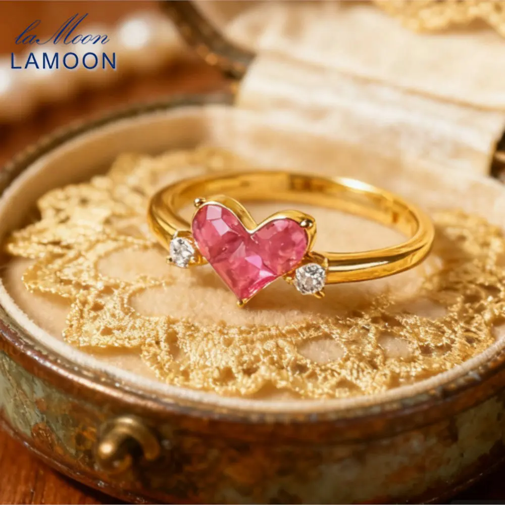 

LAMOON Synthetic Pink Corundum Ring For Women Cute Sweety Heart 925 Silver Ring 14K Gold Plated Fine Jewelry Gift
