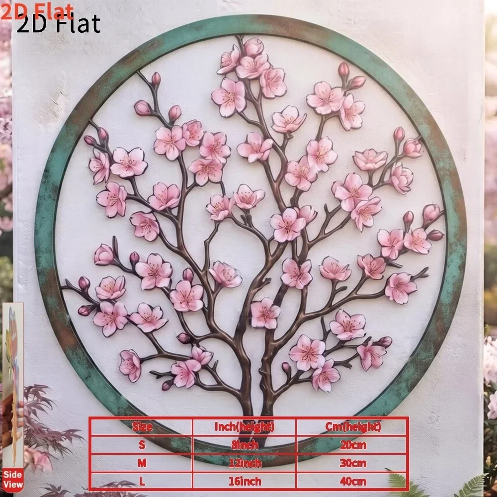 CIFBUY 1pc Round Cherry Blossom Tree Metal Tin Sign,20x30cm,2D Flat Cutout Print Floral Nature Wall Decor for Living Room