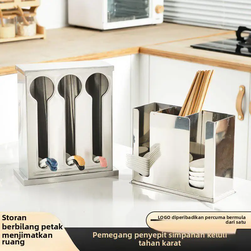 Food Grade Stainless Steel Chopsticks Spoon Storage Box Commercial Restaurant Cover Hotel Square Shape Utensil Holder Rack