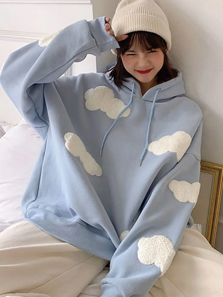 Korean Sweatshirt Women Winter 2022 Fashion Clouds Women's sweaters Plus velvet Warm sleeves Tops Temporary hoodies Kawaii Femal