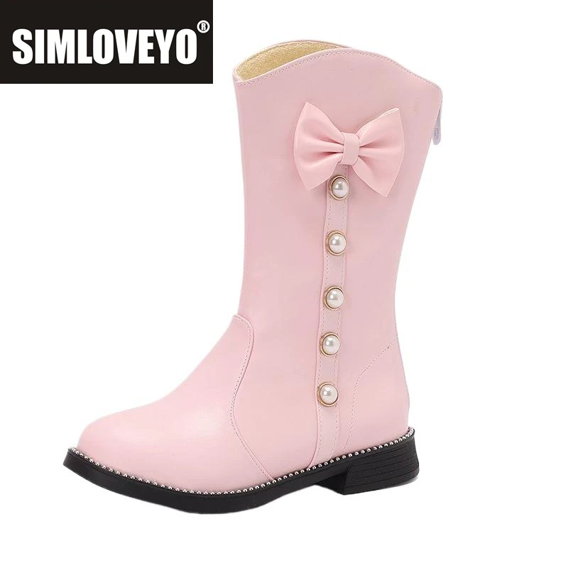 

SIMLOVEYO Модные сапоги до середины икры для девочек с круглым носком, толстым каблуком 2,5 см, с бантом и жемчугом, маленький размер 31, 32, 33, милые повседневные ботильоны