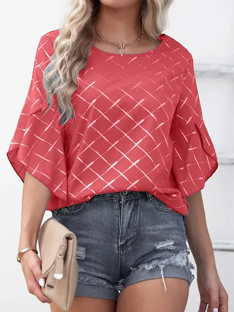 

Fashion Plaid Stripes Print Ruffle Half Sleeve T-Shirt Female 2023 Summer Loose Daily Casual Commuter Tops Women's Pullover Tees