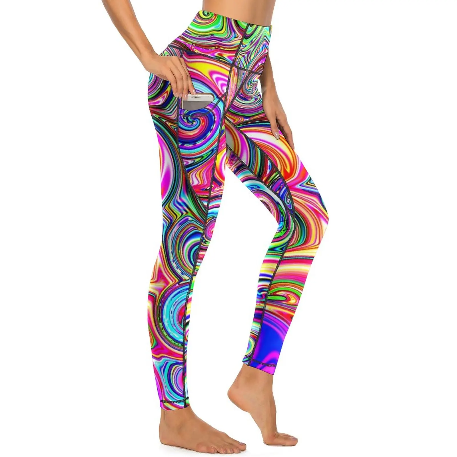 Colorful Swirls Print Leggings Sexy Heatwave Funk Running Yoga Pants Push Up Stretchy Sports Tights Pockets Vintage Leggins