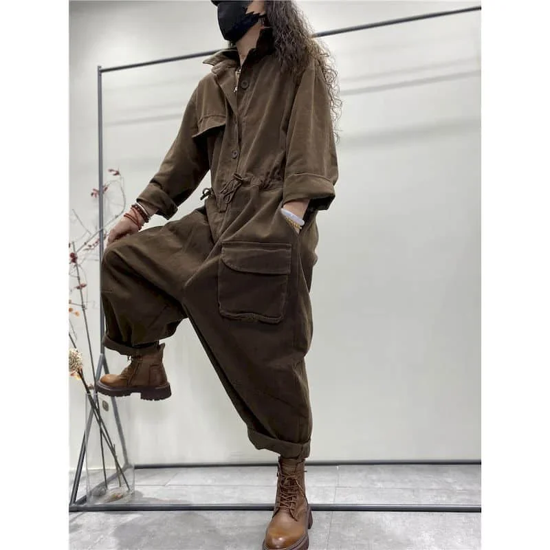 Oversize Jumpsuits Women Long Sleeve One Piece Outfit Women Cotton Linen Playsuit High Waist Pants Overalls for Women Clothes