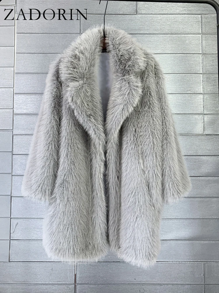 ZADORIN 2024 Winter Loose Faux Fur Jacket Women Furry Warm Lapel Mid Long Faux Fur Coat Luxury Fur Jackets for Women Coats Tops