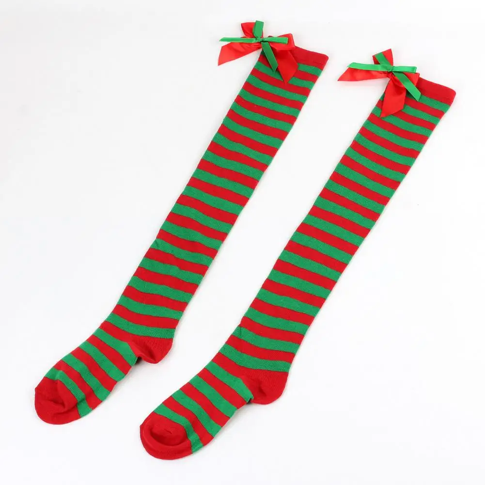 Christmas Themed Knee-length Socks Winter Christmas Socks with Bow Decor Contrast Color Stripes Knee Length for Fall for Women