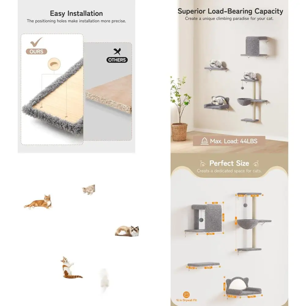 

Wall-Mounted Cat Climbing System: Solid Wood & Velvet with Sisal Scratcher, Holds Up to 44lbs, Suitable for Drywall & Solid Wall