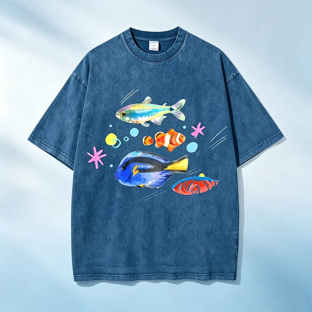 Washed Oversized Shirt Colorful Ocean Fish Print Tee Coral Sea Creature Graphic Shirt Vintage Marine Life Casual Streetwear Top