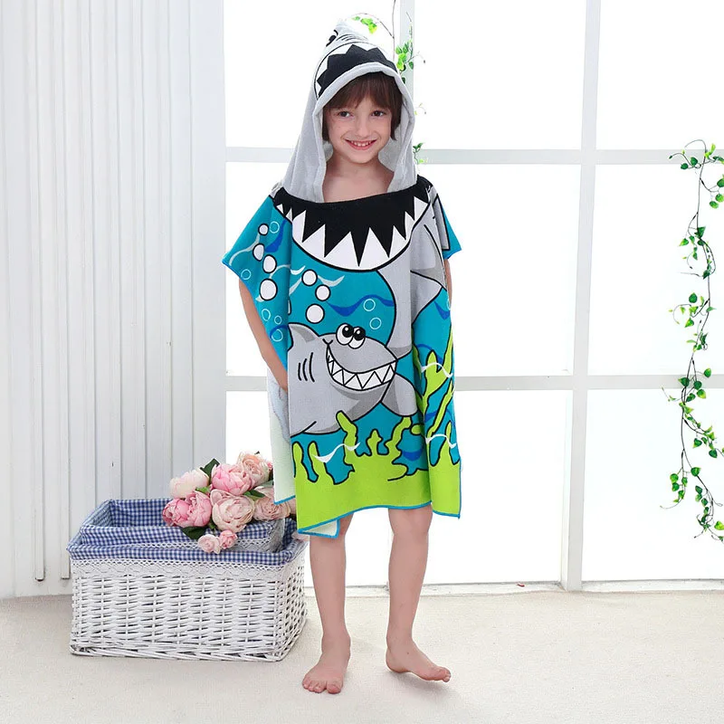 Cartoon Beach Towels for Boys Girls Unicorn Shark Cape Children Bath Towel Kids Hooded Cloak Newborn Wrap Blankets Washing Stuff