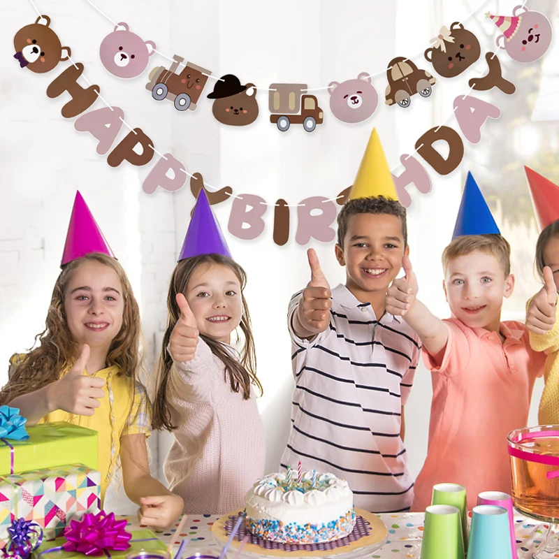 1Set Brown Bear Happy Birthday Letter Banner Garland Kids Boy Girl Birthday Party Decoration Supplies Hanging Flag