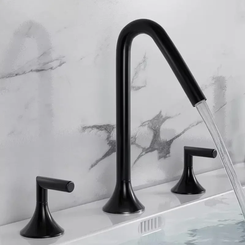 

Deck Mount Matte Black Dual Handle Basin Mixer Tap High Quality Brass Bathroom Faucet 3 Holes Widespread Bathroom Faucet