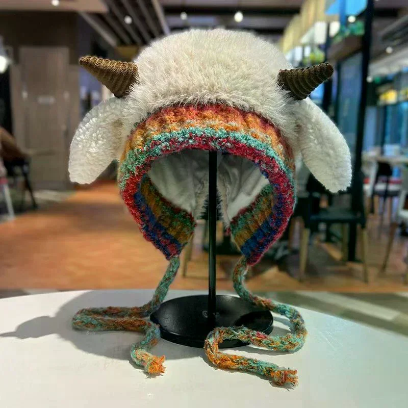 Cute Thick Plush Knitted Hat Girls Winter Warm Ear Protection Beanies Hat Women Comfortable Horn Pullover Hats