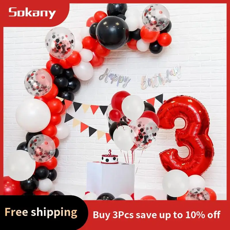 A59E-Red Black White Latex Balloons 60 Pack 12Inch Confetti Balloons With Ribbons For Party Supplies